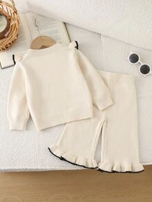 SHEIN Vintaside Kids 女嬰針織套裝 2 件組，法式荷葉邊套頭上衣配手工蝴蝶結，可愛優雅甜美針織長褲，舒適柔軟，適合日常穿著、外出、旅行、上學、秋冬、派對、休閒、假日 - 米色 - 查看 3