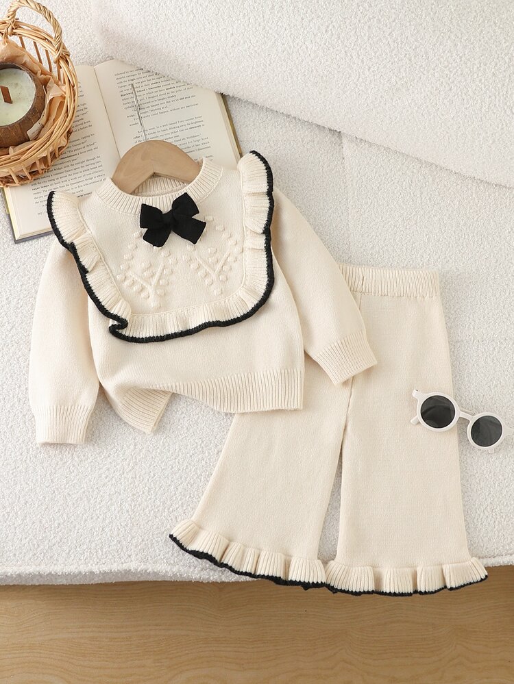 SHEIN Vintaside Kids Baby Girls Sweater Co-Ords 2 Pieces Set, French Ruffle Pullover Top With Handmade Bow, Cute Elegant Sweet Knit Long Pants, Comfortable Soft, Suitable For Daily Wear, Outings, Travel, School, Autumn/Winter, Party, Casual, Holiday - Beige - View 7