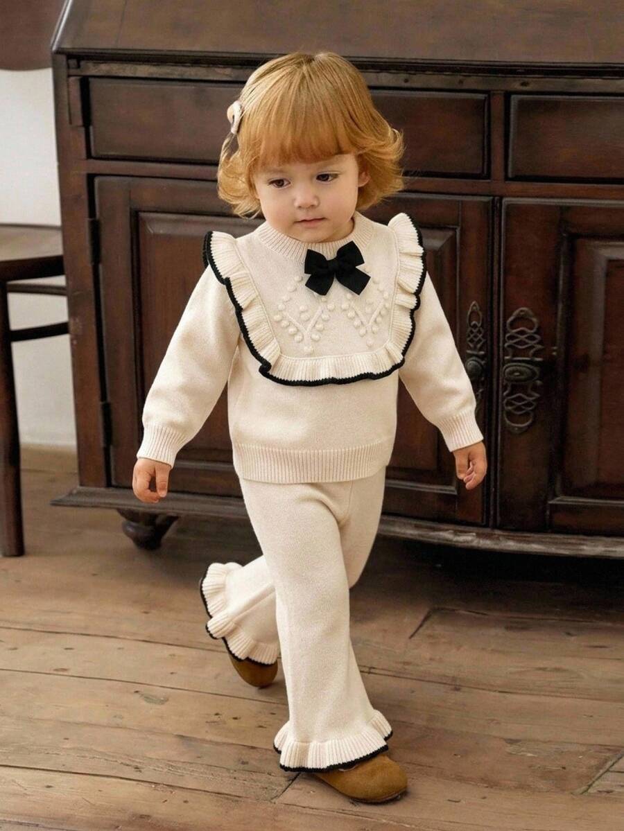 SHEIN Vintaside Kids 女嬰針織套裝 2 件組，法式荷葉邊套頭上衣配手工蝴蝶結，可愛優雅甜美針織長褲，舒適柔軟，適合日常穿著、外出、旅行、上學、秋冬、派對、休閒、假日