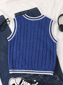 SHEIN Teen Girl Sleeveless V-Neck Sweater Vest, Navy Blue Striped Cable Rope Cable Knit Cable, Suitable For School Campus, Spring Autumn Winter - Navy Blue - View 2