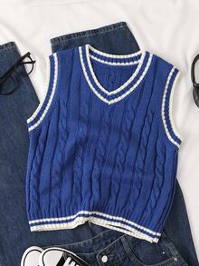 SHEIN Teen Girl Sleeveless V-Neck Sweater Vest, Navy Blue Striped Cable Rope Cable Knit Cable, Suitable For School Campus, Spring Autumn Winter - Navy Blue - View 3