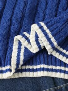 SHEIN Teen Girl Sleeveless V-Neck Sweater Vest, Navy Blue Striped Cable Rope Cable Knit Cable, Suitable For School Campus, Spring Autumn Winter - Navy Blue - View 9