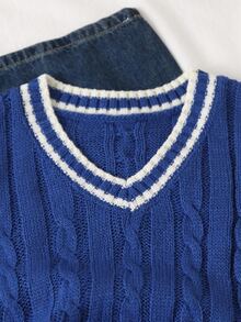 SHEIN Teen Girl Sleeveless V-Neck Sweater Vest, Navy Blue Striped Cable Rope Cable Knit Cable, Suitable For School Campus, Spring Autumn Winter - Navy Blue - View 5