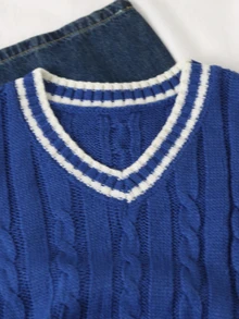 SHEIN Teen Girl Sleeveless V-Neck Sweater Vest, Navy Blue Striped Cable Rope Cable Knit Cable, Suitable For School Campus, Spring Autumn Winter - Navy Blue - View 4
