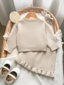 SHEIN Vintaside Kids 女嬰針織毛衣套裝，米色兩件式，圓領落肩A字裙，3D蝴蝶結，柔軟家庭拍照穿搭秋季可愛款 - 杏色 - 查看 3