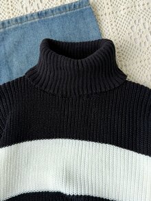 青少年女孩長袖黑白條紋圓領高領套頭毛衣，適合春季、秋季、冬季，可搭配牛仔褲、夾克、棉外套 - 黑與白 - 查看 5