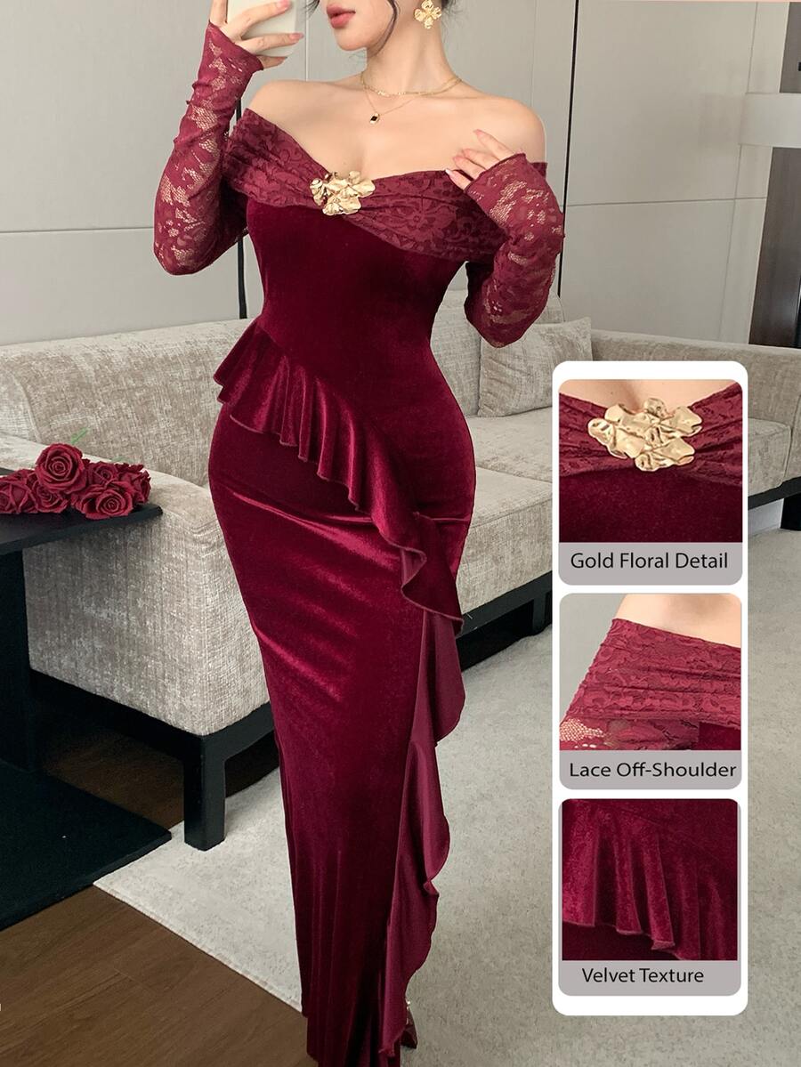 Modelyn Wine Ruffle Mermaid Evening Gown, Sheer Lace Long Sleeve Floral Asymmetrical Ruffle Hem Dress