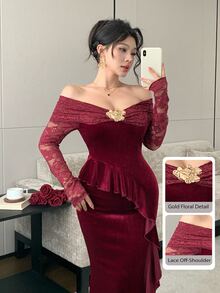 Modelyn Wine Ruffle Mermaid Evening Gown, Sheer Lace Long Sleeve Floral Asymmetrical Ruffle Hem Dress - Burgundy - View 8