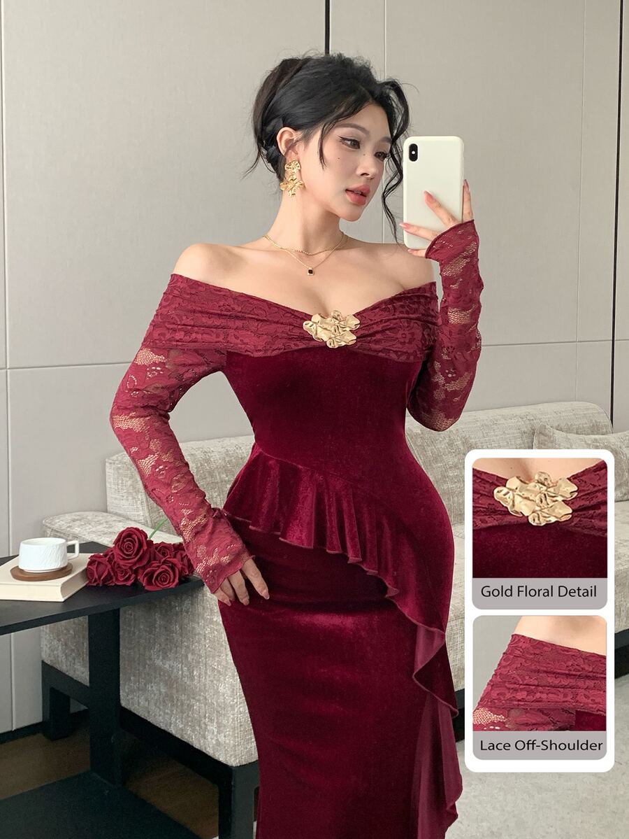 Modelyn 酒紅色荷葉邊美人魚晚禮服，透視蕾絲長袖花卉不對稱荷葉邊下擺洋裝