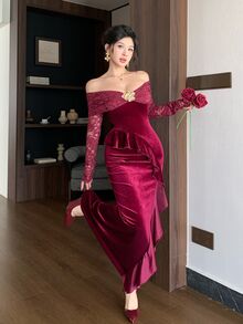 Modelyn Wine Ruffle Mermaid Evening Gown, Sheer Lace Long Sleeve Floral Asymmetrical Ruffle Hem Dress - Burgundy - View 6