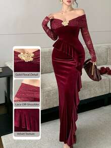 Modelyn Wine Ruffle Mermaid Evening Gown, Sheer Lace Long Sleeve Floral Asymmetrical Ruffle Hem Dress - Burgundy - View 9