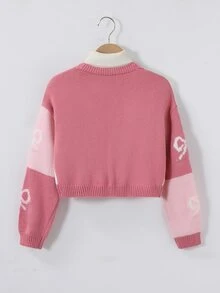 SHEIN Cardigan Panjang Model Bahu Jatuh Motif Pita Warna Blok untuk Anak Perempuan Remaja - Berwarna merah muda - View 2