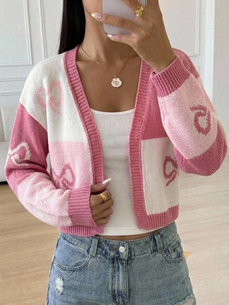 SHEIN Cardigan Panjang Model Bahu Jatuh Motif Pita Warna Blok untuk Anak Perempuan Remaja - Berwarna merah muda - View 1