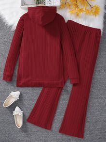 SHEIN 青少年女孩袋鼠口袋連帽衫&喇叭褲 - 酒紅色 - 查看 2
