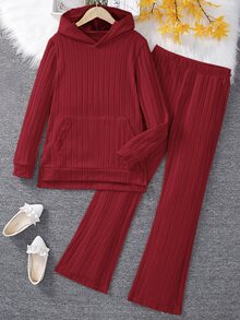 SHEIN 青少年女孩袋鼠口袋連帽衫&喇叭褲 - 酒紅色 - 查看 1