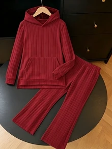 SHEIN 青少年女孩袋鼠口袋連帽衫&喇叭褲 - 酒紅色 - 查看 3