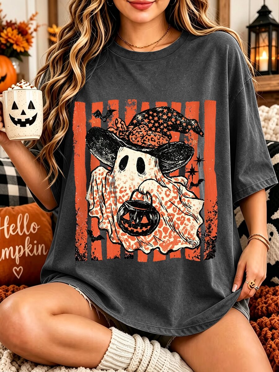 EMERY ROSE Vintage Ghost Pumpkin Print T-Shirt, Halloween T-Shirt, Suitable For Casual Wear - Dark Grey - View 1