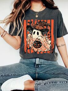 EMERY ROSE Vintage Ghost Pumpkin Print T-Shirt, Halloween T-Shirt, Suitable For Casual Wear - Dark Grey - View 4
