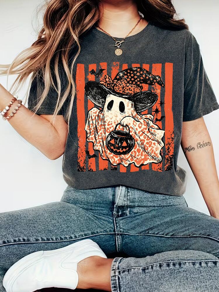 EMERY ROSE Vintage Ghost Pumpkin Print T-Shirt, Halloween T-Shirt, Suitable For Casual Wear - Dark Grey - View 4