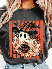 EMERY ROSE Vintage Ghost Pumpkin Print T-Shirt, Halloween T-Shirt, Suitable For Casual Wear - Dark Grey - View 3