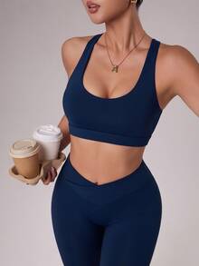 SHEIN Sports 1pc Navy Blue Criss-Cross Back Tight-Fitting Long Pants Sports Two-Piece Set - Navy Blue - View 4