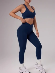 SHEIN Sports 1pc Navy Blue Criss-Cross Back Tight-Fitting Long Pants Sports Two-Piece Set - Navy Blue - View 5