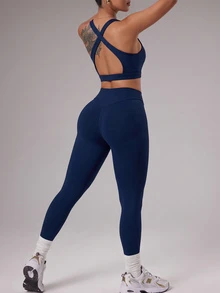 SHEIN Sports 1pc Navy Blue Criss-Cross Back Tight-Fitting Long Pants Sports Two-Piece Set - Navy Blue - View 2