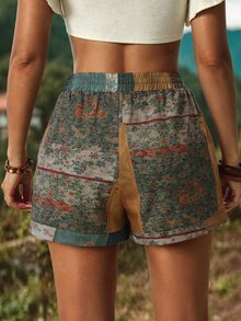 EMERY ROSE Vintage Botanical Print Elastic Waist Drawstring Shorts, Suitable For Daily, Commute And Vacation - Multicolor - View 2
