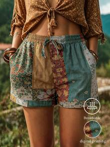 EMERY ROSE Vintage Botanical Print Elastic Waist Drawstring Shorts, Suitable For Daily, Commute And Vacation - Multicolor - View 1