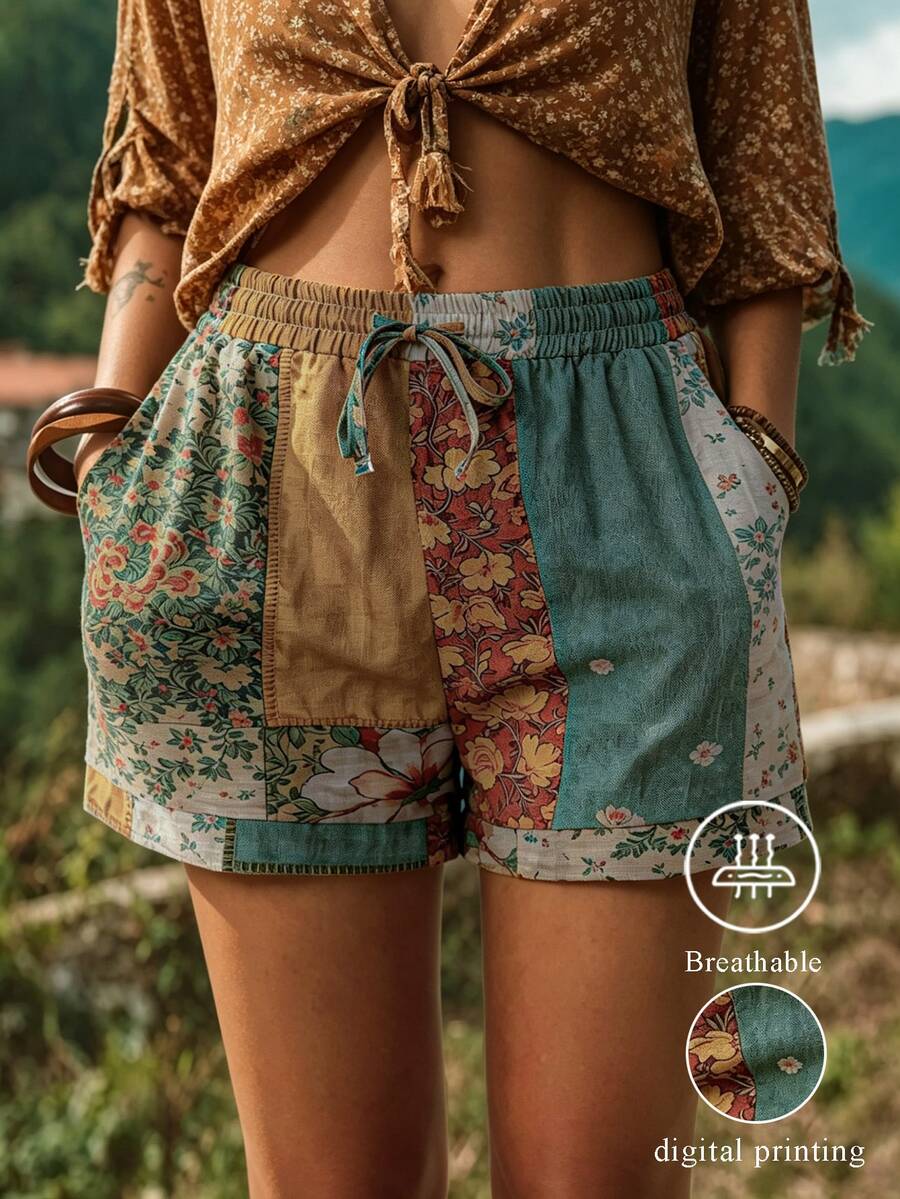 EMERY ROSE Vintage Botanical Print Elastic Waist Drawstring Shorts, Suitable For Daily, Commute And Vacation - Multicolor - View 1