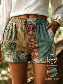 EMERY ROSE Vintage Botanical Print Elastic Waist Drawstring Shorts, Suitable For Daily, Commute And Vacation - Multicolor - View 3