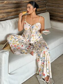 Dazy Plus Sweet Ditsy Floral Camisole Top & Wide Leg Pants 2-Piece Set, Elegant Pajama Set For Spring, Summer And Early Autumn - Apricot - View 4