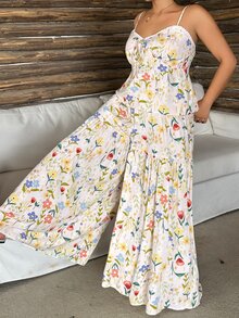Dazy Plus Sweet Ditsy Floral Camisole Top & Wide Leg Pants 2-Piece Set, Elegant Pajama Set For Spring, Summer And Early Autumn - Apricot - View 2