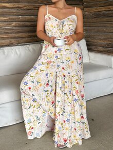 Dazy Plus Sweet Ditsy Floral Camisole Top & Wide Leg Pants 2-Piece Set, Elegant Pajama Set For Spring, Summer And Early Autumn - Apricot - View 5