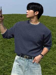 DAZY Men's Long Sleeve Blue Knit Fabric Crew Neck T-Shirt With Contrast Stitching Design Fall - Blue - View 2