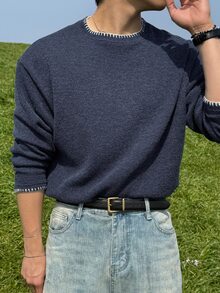 DAZY Men's Long Sleeve Blue Knit Fabric Crew Neck T-Shirt With Contrast Stitching Design Fall - Blue - View 9