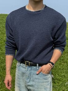 DAZY Men's Long Sleeve Blue Knit Fabric Crew Neck T-Shirt With Contrast Stitching Design Fall - Blue - View 3