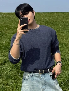 DAZY Men's Long Sleeve Blue Knit Fabric Crew Neck T-Shirt With Contrast Stitching Design Fall - Blue - View 6
