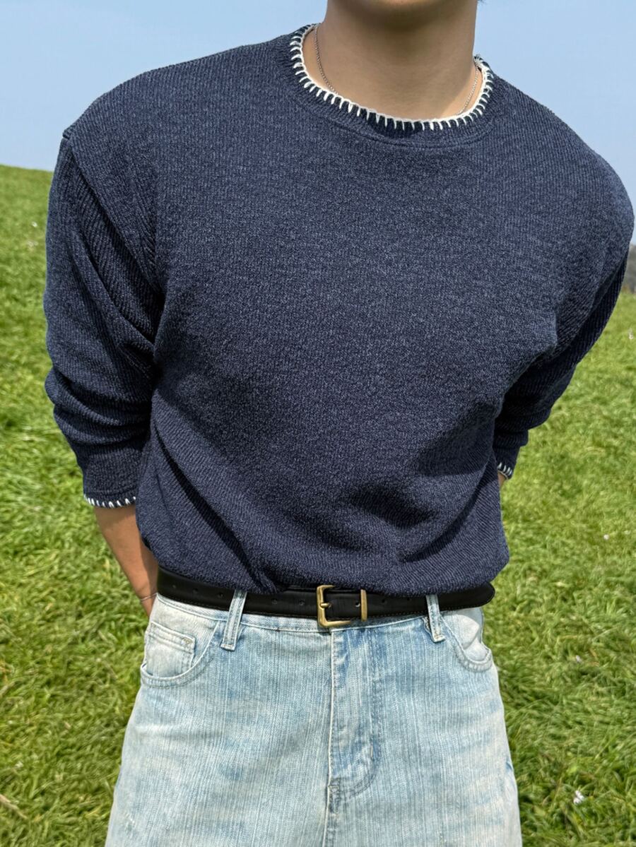 DAZY Men's Long Sleeve Blue Knit Fabric Crew Neck T-Shirt With Contrast Stitching Design Fall - Blue - View 1