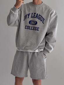 DAZY Men's Long Sleeve Grey Crew Neck Pullover Sweatshirt With Letter Print And Elastic Waist Shorts Set Fall - Grey - View 3
