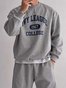 DAZY Men's Long Sleeve Grey Crew Neck Pullover Sweatshirt With Letter Print And Elastic Waist Shorts Set Fall - Grey - View 1