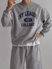 DAZY Men's Long Sleeve Grey Crew Neck Pullover Sweatshirt With Letter Print And Elastic Waist Shorts Set Fall - Grey - View 6