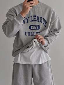 DAZY Men's Long Sleeve Grey Crew Neck Pullover Sweatshirt With Letter Print And Elastic Waist Shorts Set Fall - Grey - View 2