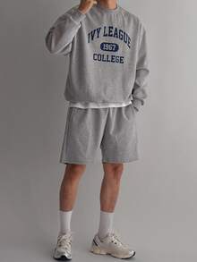 DAZY Men's Long Sleeve Grey Crew Neck Pullover Sweatshirt With Letter Print And Elastic Waist Shorts Set Fall - Grey - View 4