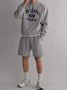 DAZY Men's Long Sleeve Grey Crew Neck Pullover Sweatshirt With Letter Print And Elastic Waist Shorts Set Fall - Grey - View 5