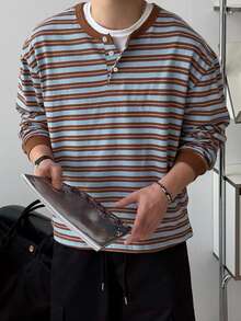 DAZY Spring/Autumn Brown & Blue Striped Fabric Crew Neck Half-Placket Ribbed Cuff Men's T-Shirt - Multicolor - View 2