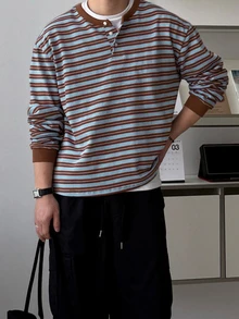 DAZY Spring/Autumn Brown & Blue Striped Fabric Crew Neck Half-Placket Ribbed Cuff Men's T-Shirt - Multicolor - View 3