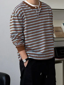 DAZY Spring/Autumn Brown & Blue Striped Fabric Crew Neck Half-Placket Ribbed Cuff Men's T-Shirt - Multicolor - View 5