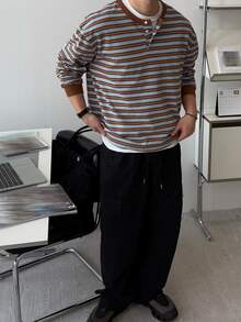 DAZY Spring/Autumn Brown & Blue Striped Fabric Crew Neck Half-Placket Ribbed Cuff Men's T-Shirt - Multicolor - View 4