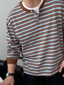 DAZY Spring/Autumn Brown & Blue Striped Fabric Crew Neck Half-Placket Ribbed Cuff Men's T-Shirt - Multicolor - View 6